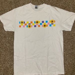 Medium white Gildan graphic tee with colorful checkered graphic and flowers